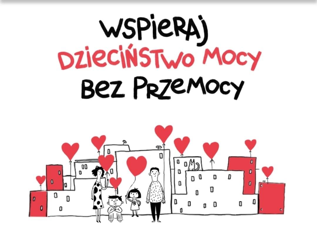 logo fundacji z tekstem dzieciństwo bez przemocy. Logo dziewczynki i chłopca trzymają się za ręce