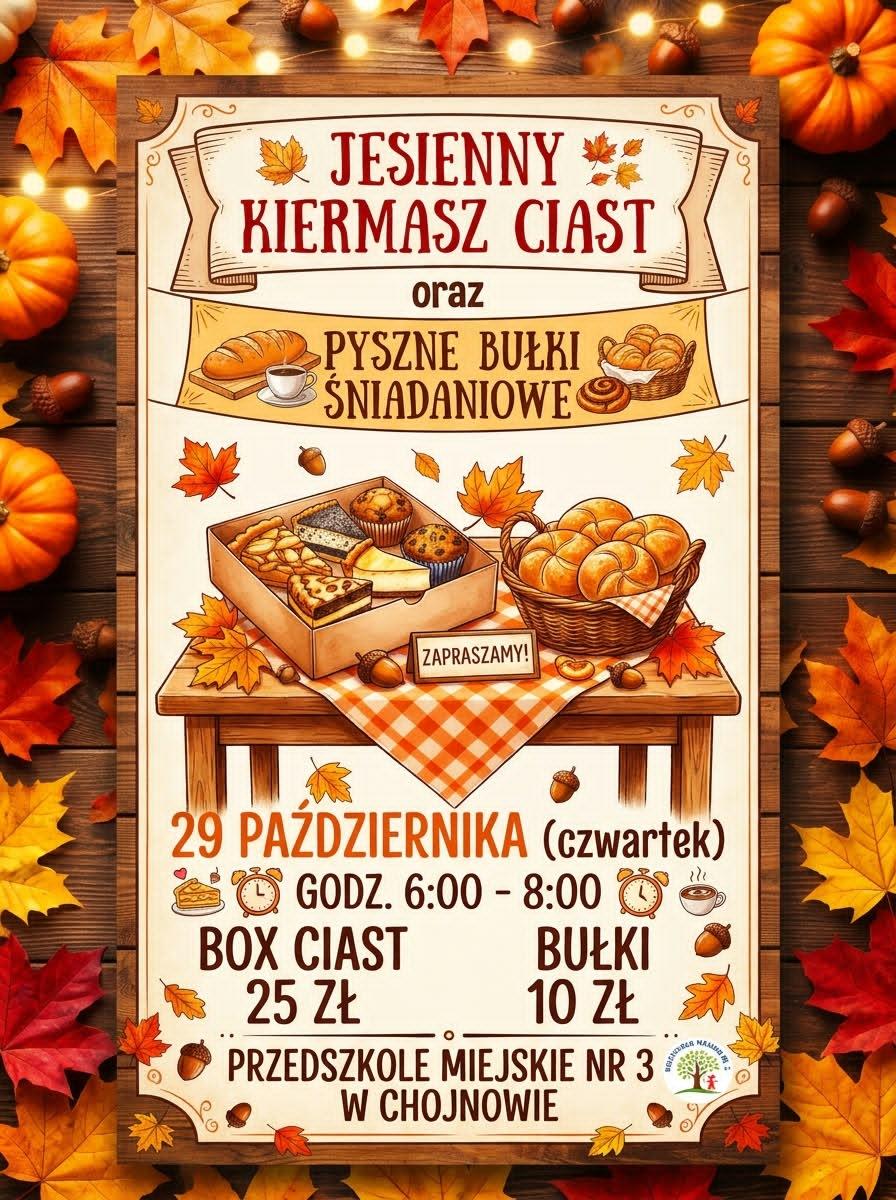 Plakat w jesiennym klimacie dotyczący kiermasz ciast i bułek