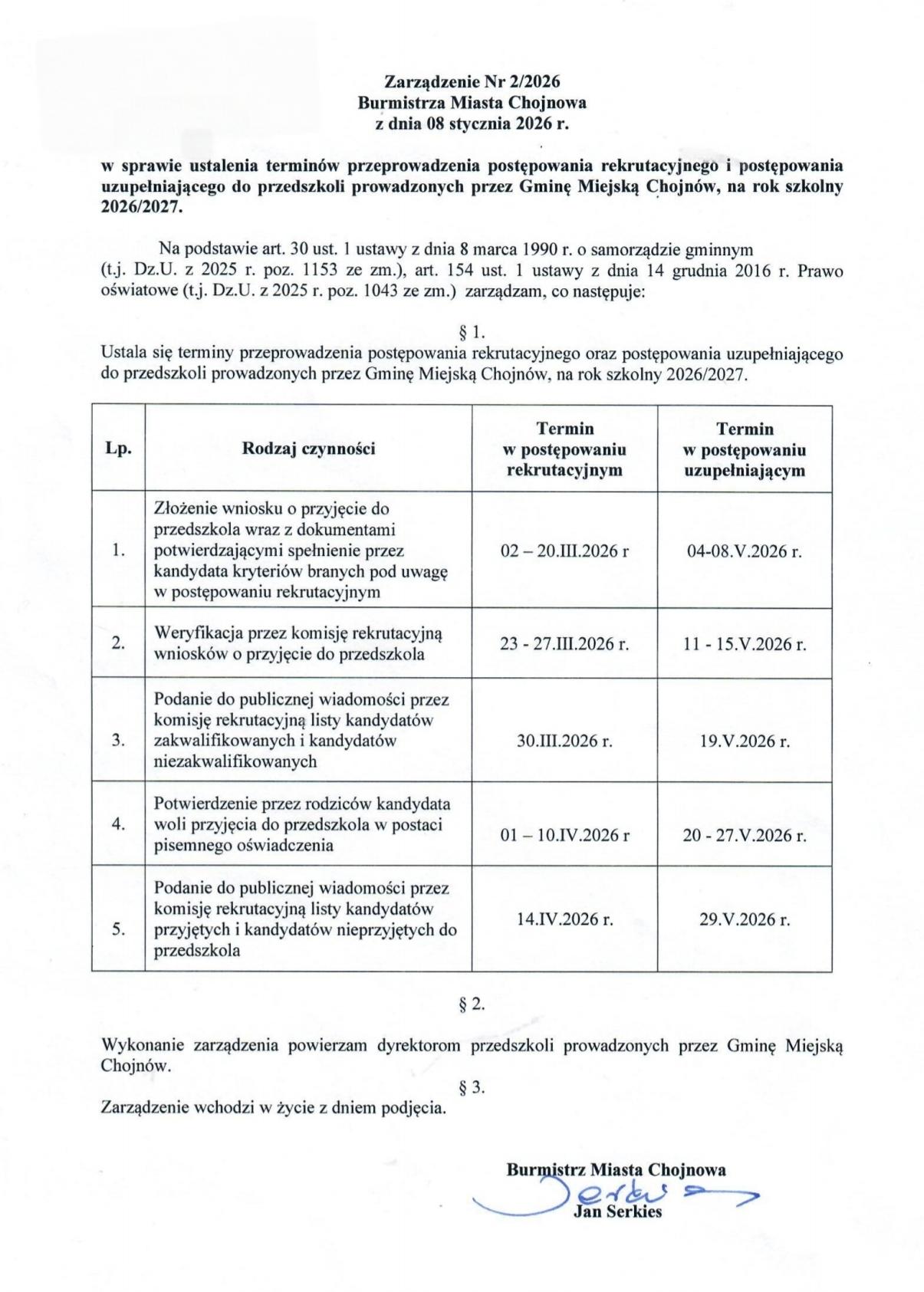 Tabela z informacją dotyczącą terminów rekrutacji 