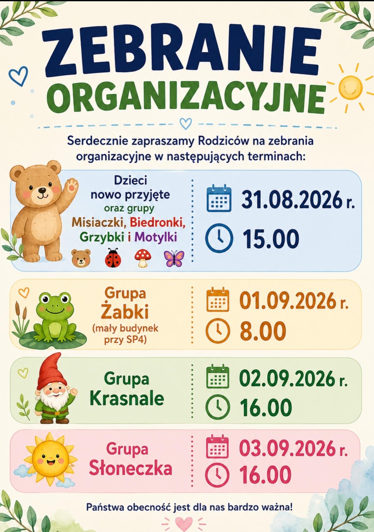 Tabela z rozpiską dat zebrań