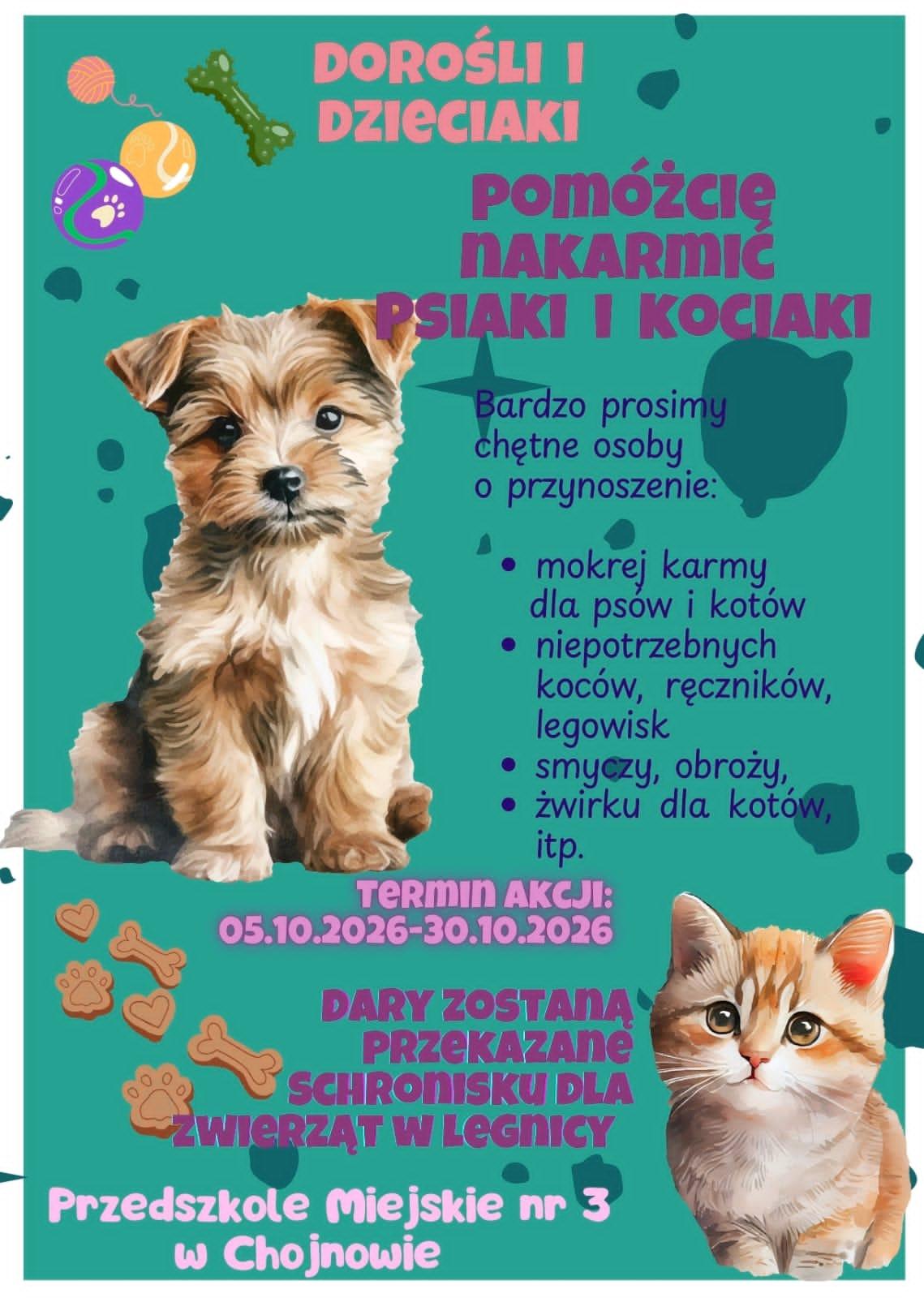 Plakat dotyczący zbierania karmy dla zwierząt
